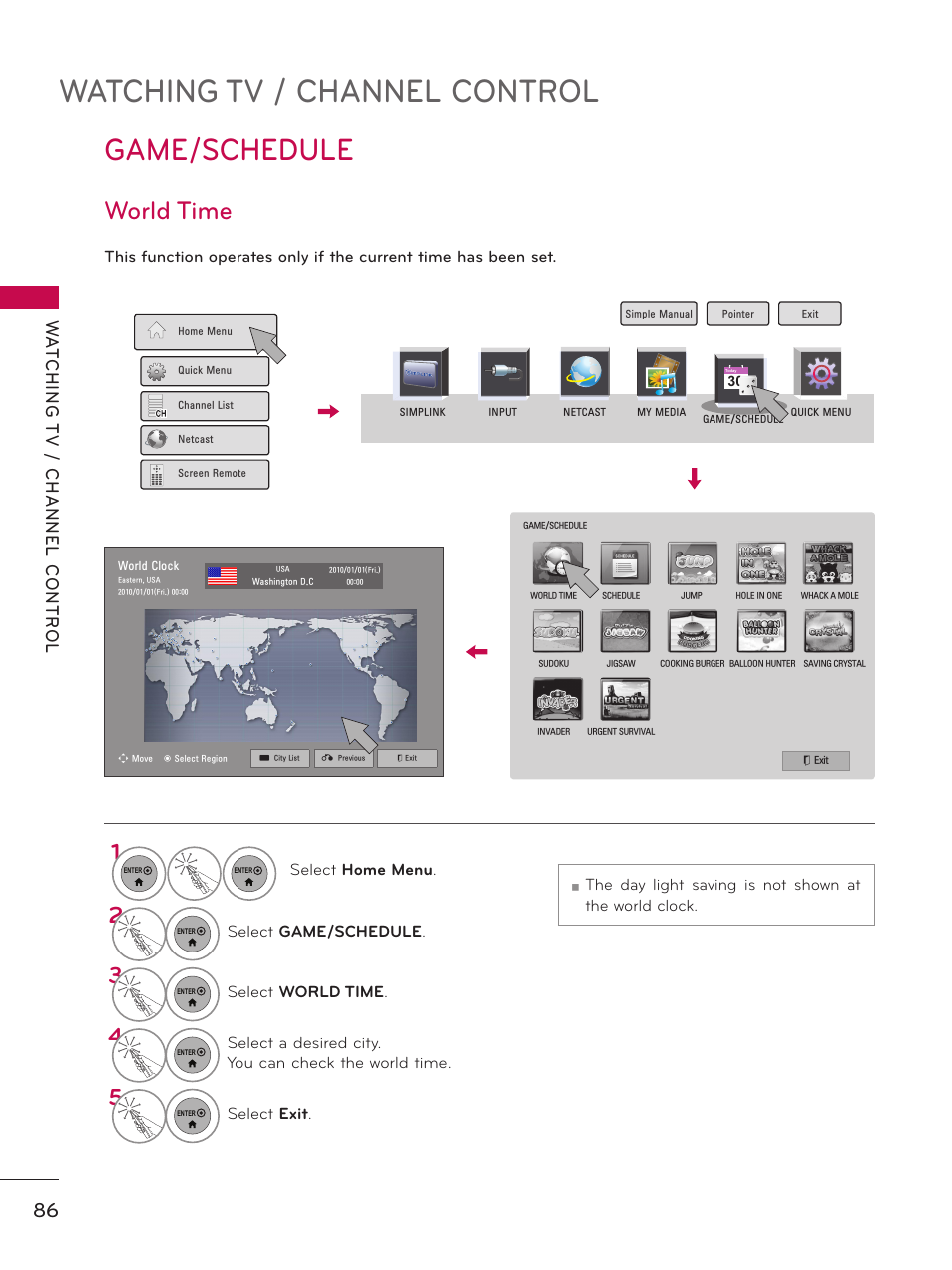 Game/schedule, World time, Watching tv / channel control | LG 55LX9500 User Manual | Page 86 / 218