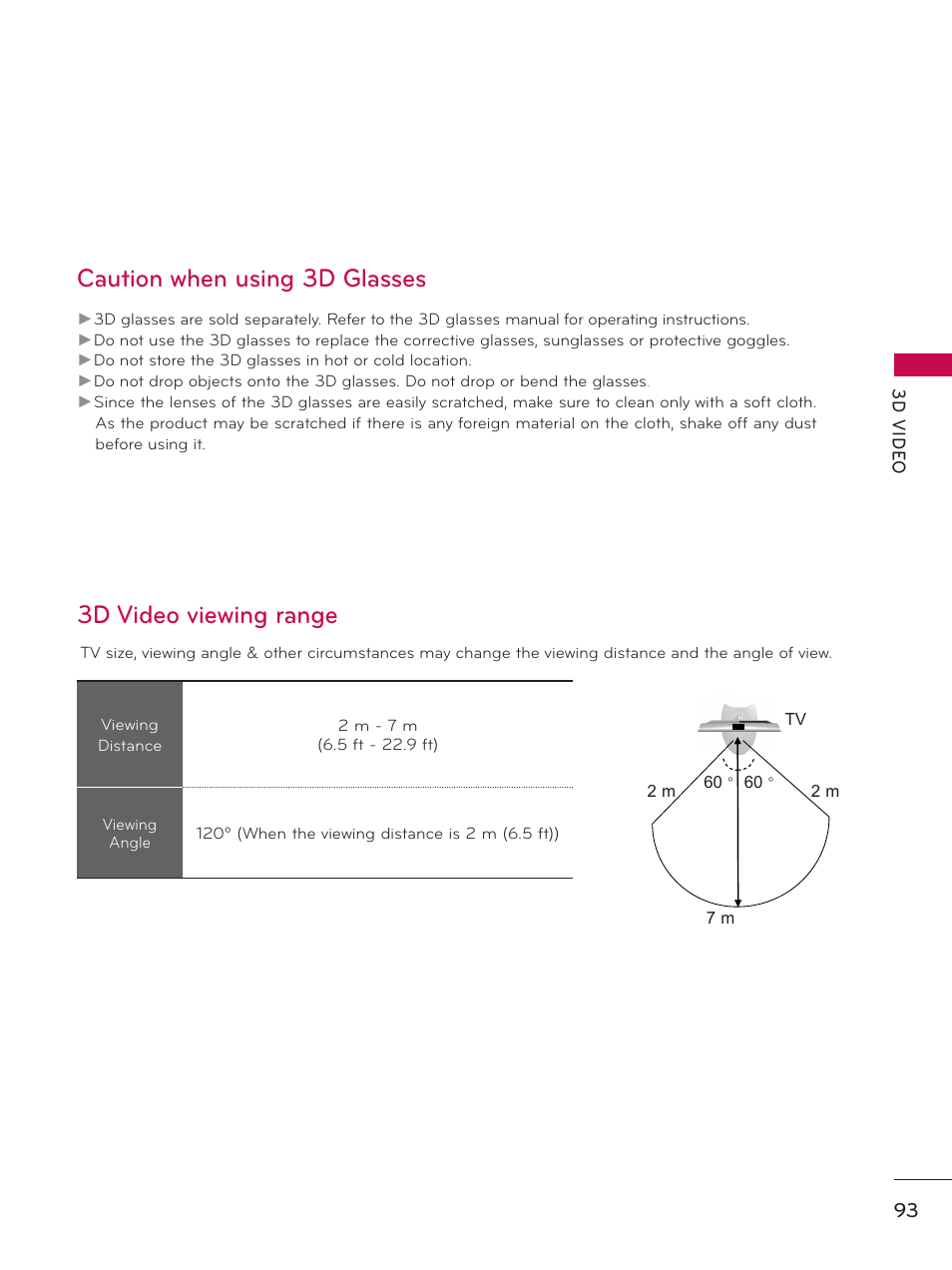 Caution when using 3d glasses, 3d video viewing range | LG 55LX9500 User Manual | Page 93 / 218