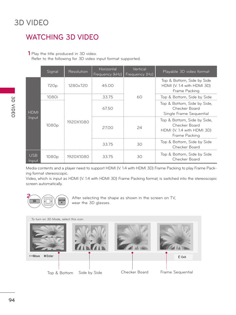 Watching 3d video, 3d video | LG 55LX9500 User Manual | Page 94 / 218