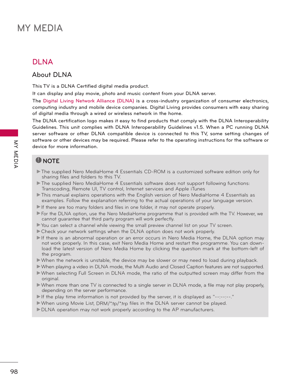 Dlna, My media, About dlna | LG 55LX9500 User Manual | Page 98 / 218