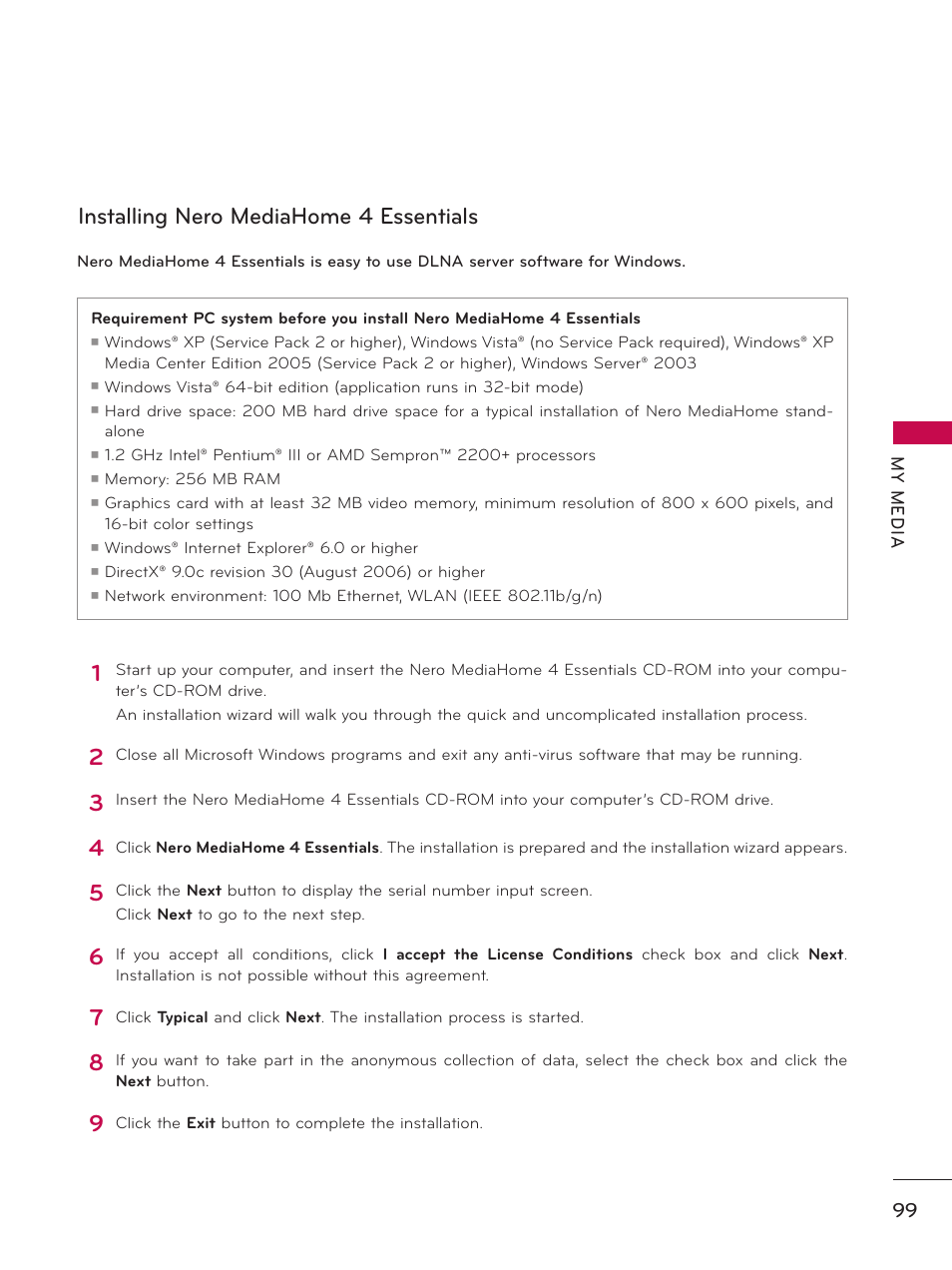 Installing nero mediahome 4 essentials | LG 55LX9500 User Manual | Page 99 / 218