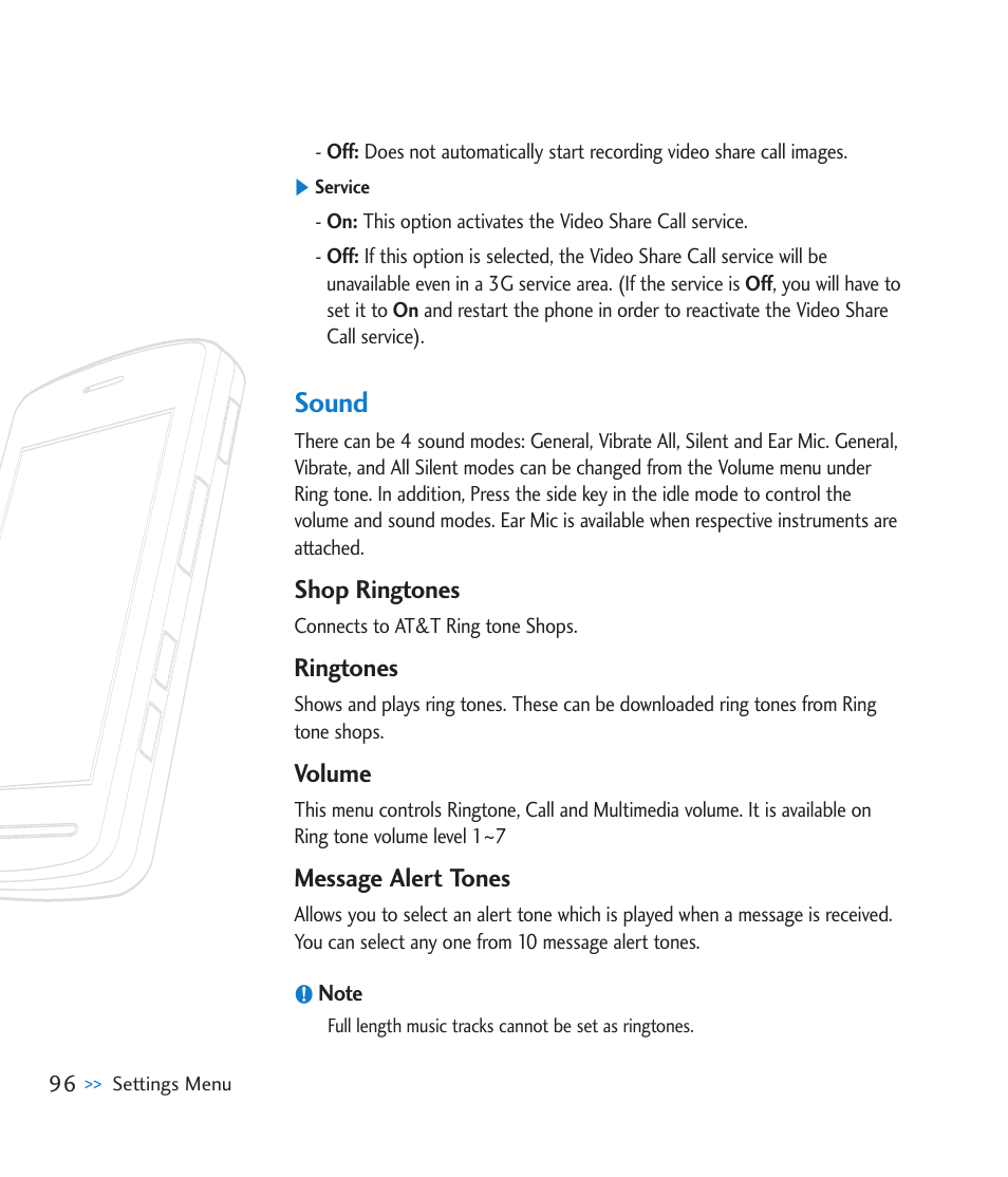 Sound, Shop ringtones, Ringtones | Volume, Message alert tones | LG CU920 User Manual | Page 100 / 143
