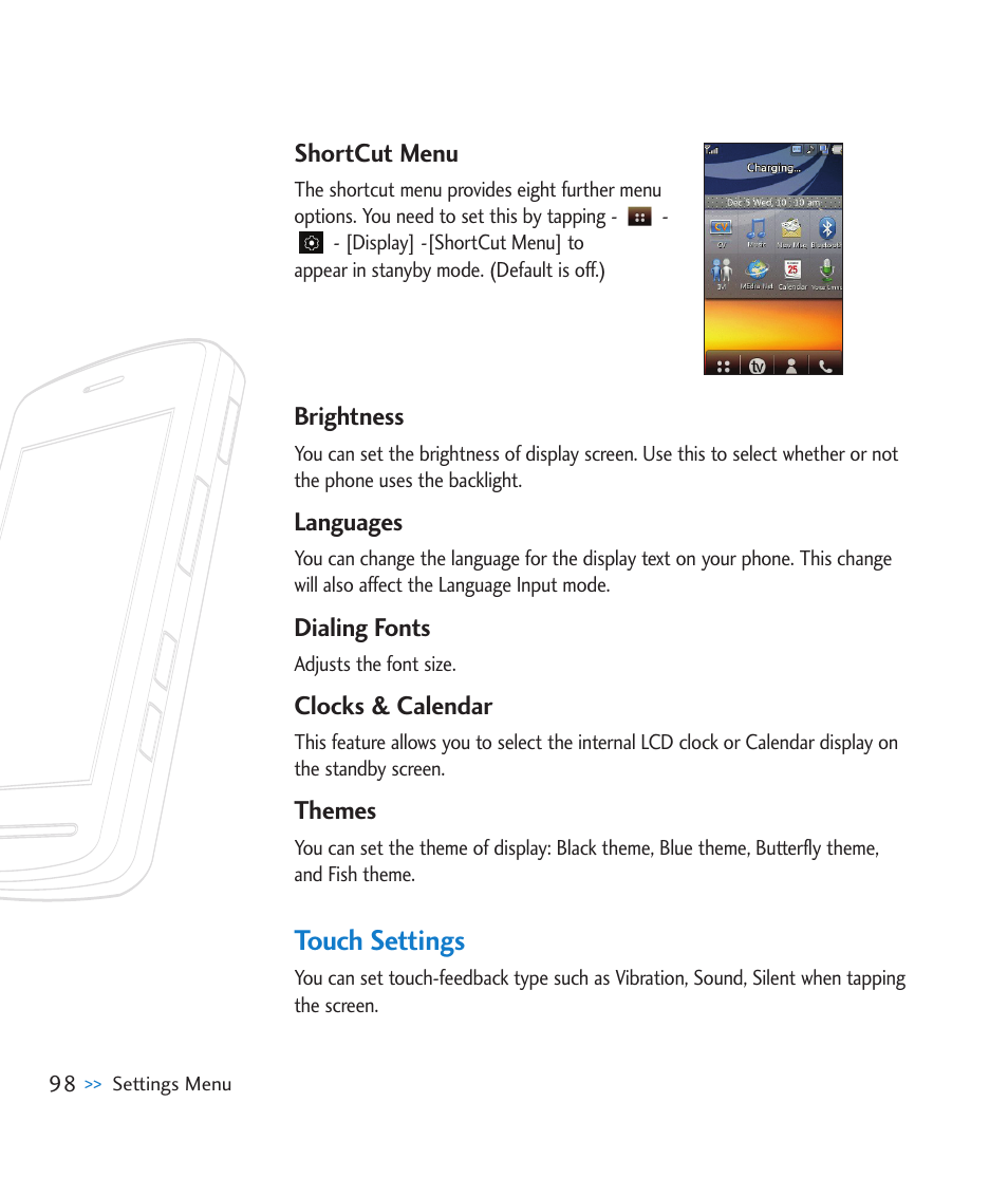 Shortcut menu, Brightnes, Languages | Dialing fonts, Clocks & calendar, Themes, Touch settings | LG CU920 User Manual | Page 102 / 143