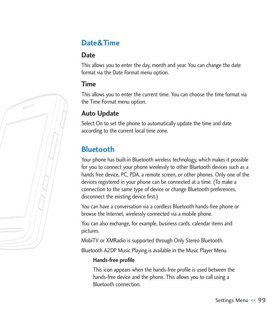 Date&time, Date, Time | Auto update, Bluetooth | LG CU920 User Manual | Page 103 / 143