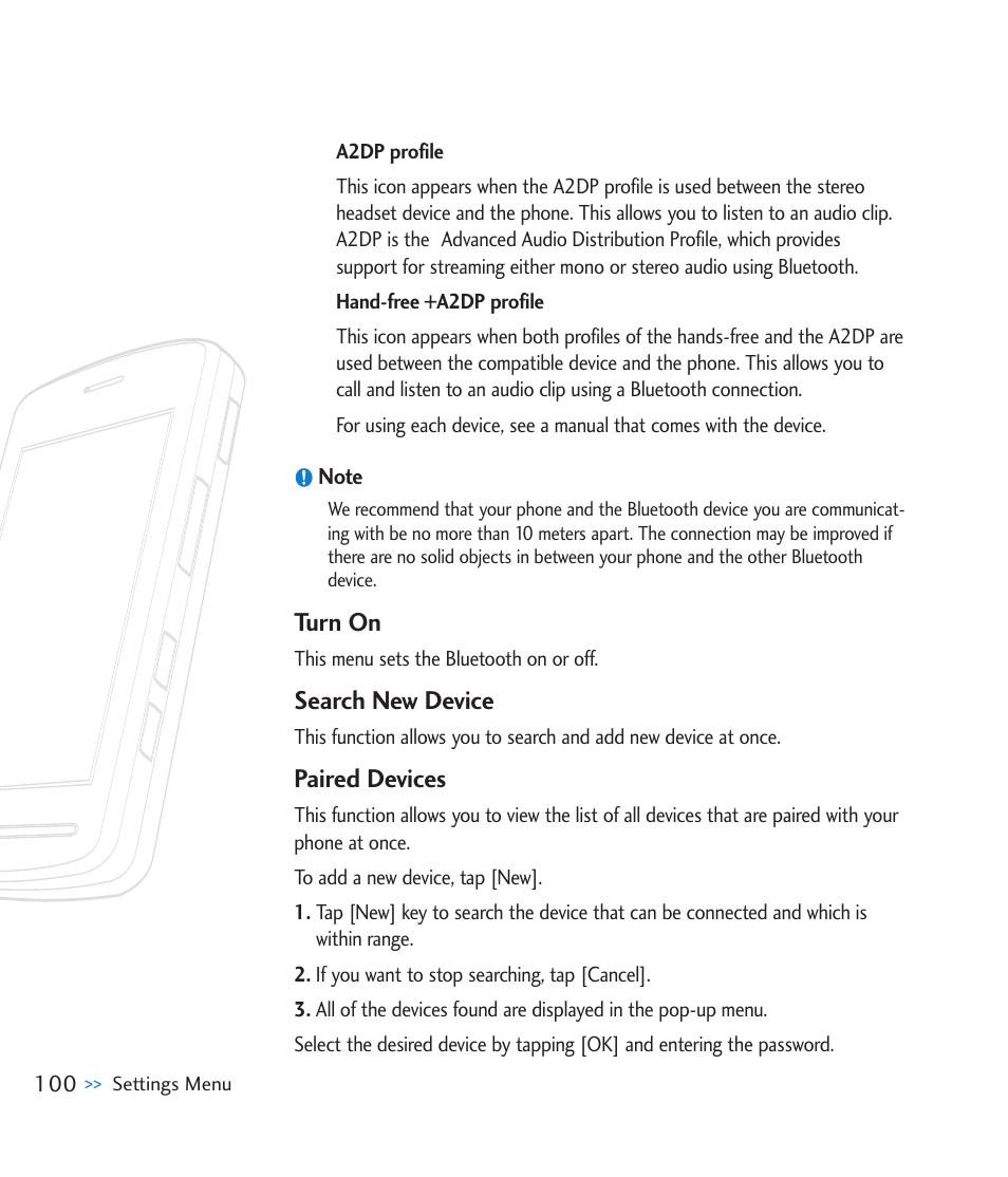 Search new device, Paired devices, Turn on | LG CU920 User Manual | Page 104 / 143