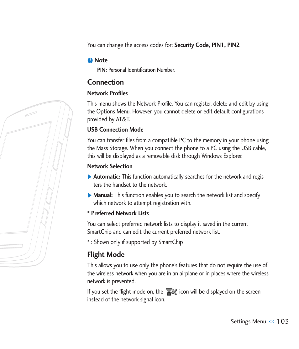 Connection, Flight mode | LG CU920 User Manual | Page 107 / 143