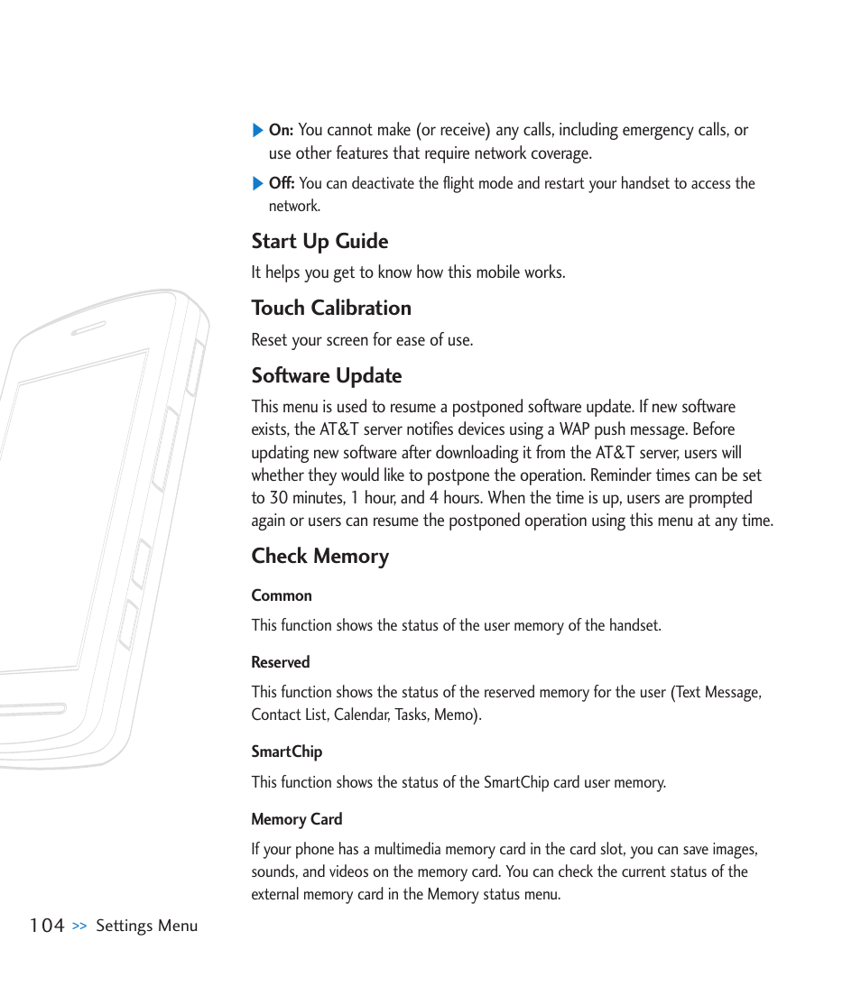 Start up guide, Touch calibration, Software update | Check memory | LG CU920 User Manual | Page 108 / 143