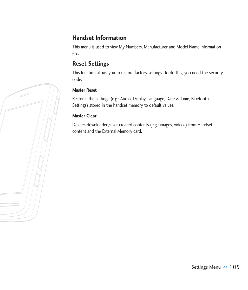 Handset information, Reset settings | LG CU920 User Manual | Page 109 / 143
