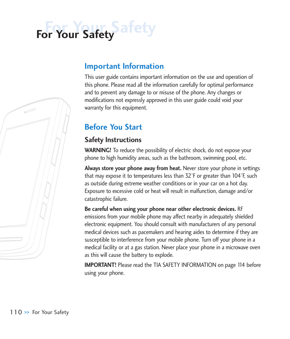 For your safety, Important information, Before you start | LG CU920 User Manual | Page 114 / 143