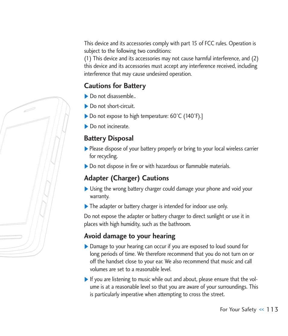 Cautions for battery, Battery disposal, Adapter (charger) cautions | Avoid damage to your hearing | LG CU920 User Manual | Page 117 / 143
