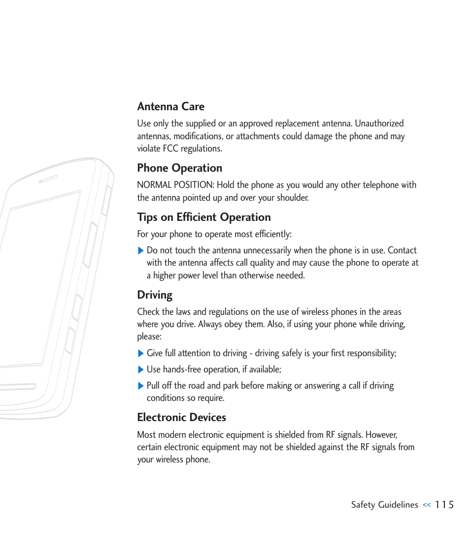 Antenna care, Phone operation, Tips on efficient operation | Driving, Electronic devices | LG CU920 User Manual | Page 119 / 143