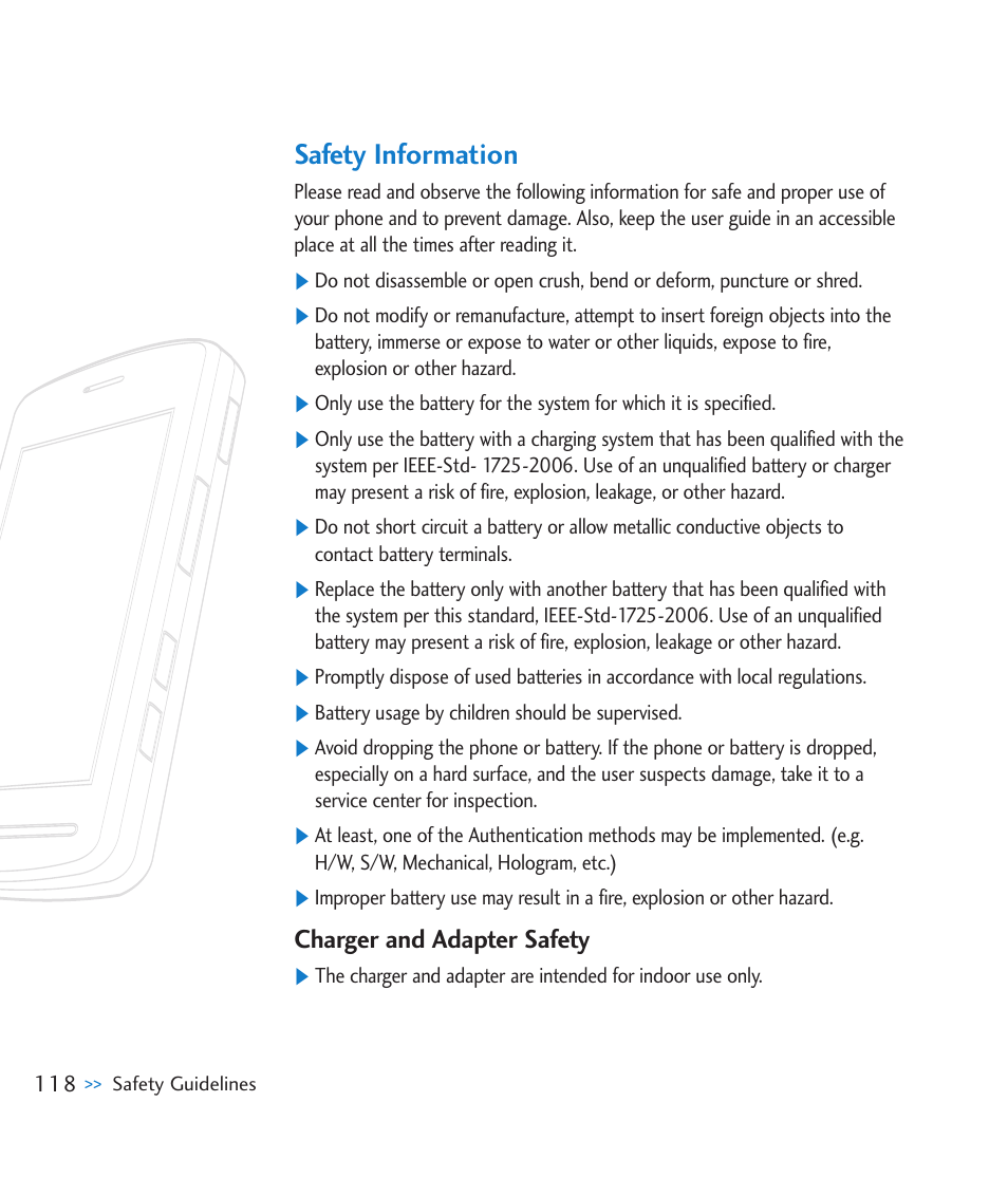Safety information, Charger and adapter safety | LG CU920 User Manual | Page 122 / 143