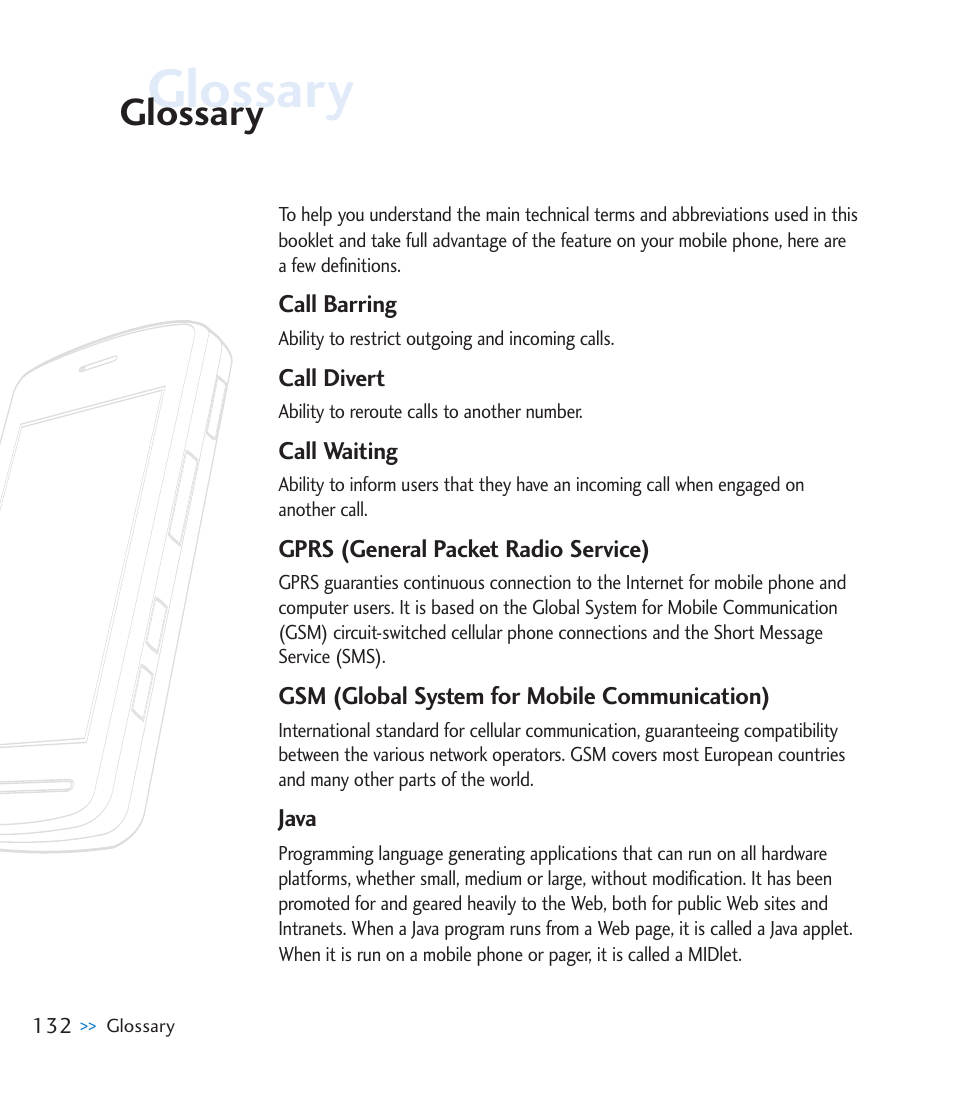 Glossary | LG CU920 User Manual | Page 136 / 143