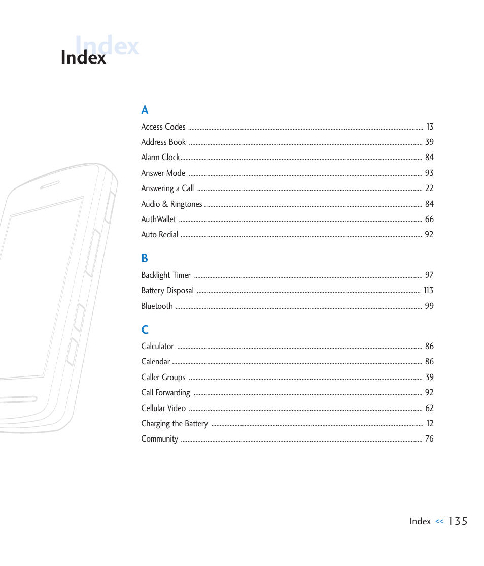 Index | LG CU920 User Manual | Page 139 / 143