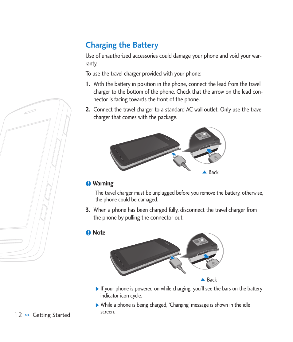 Charging the battery | LG CU920 User Manual | Page 16 / 143