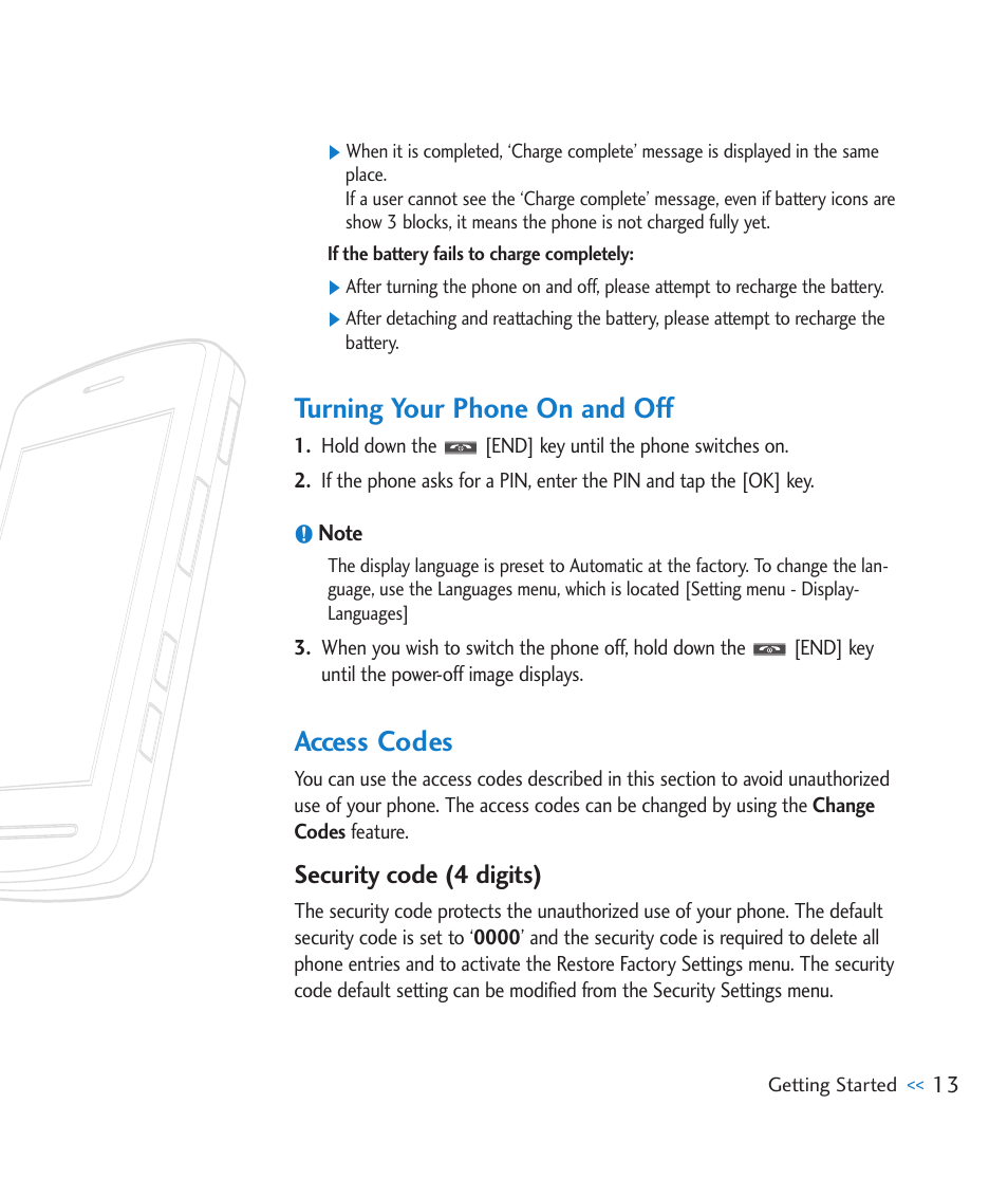 Turning your phone on and off, Access codes, Security code (4 digits) | LG CU920 User Manual | Page 17 / 143