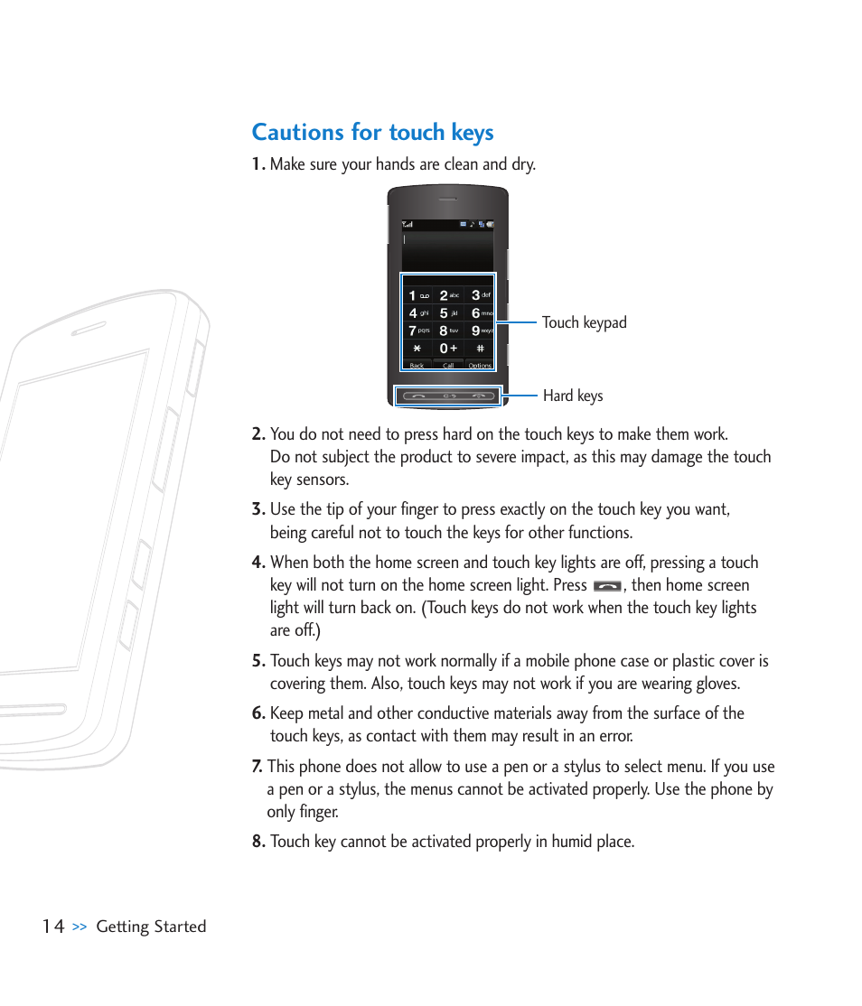 Cautions for touch keys | LG CU920 User Manual | Page 18 / 143
