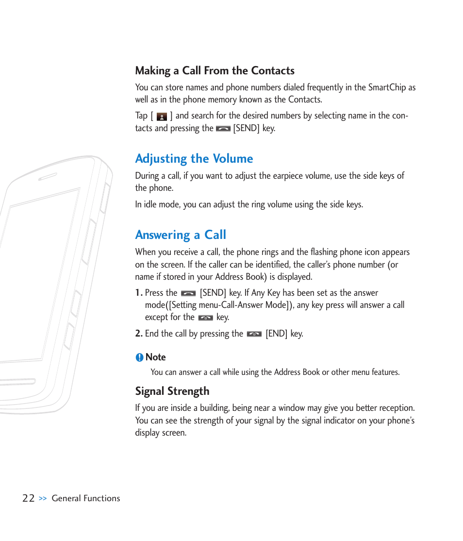 Adjusting the volume, Answering a call | LG CU920 User Manual | Page 26 / 143