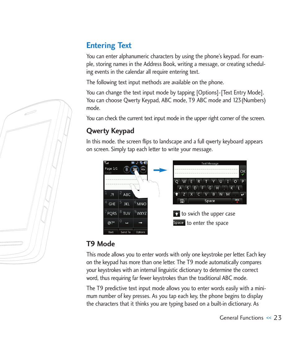 Entering text | LG CU920 User Manual | Page 27 / 143