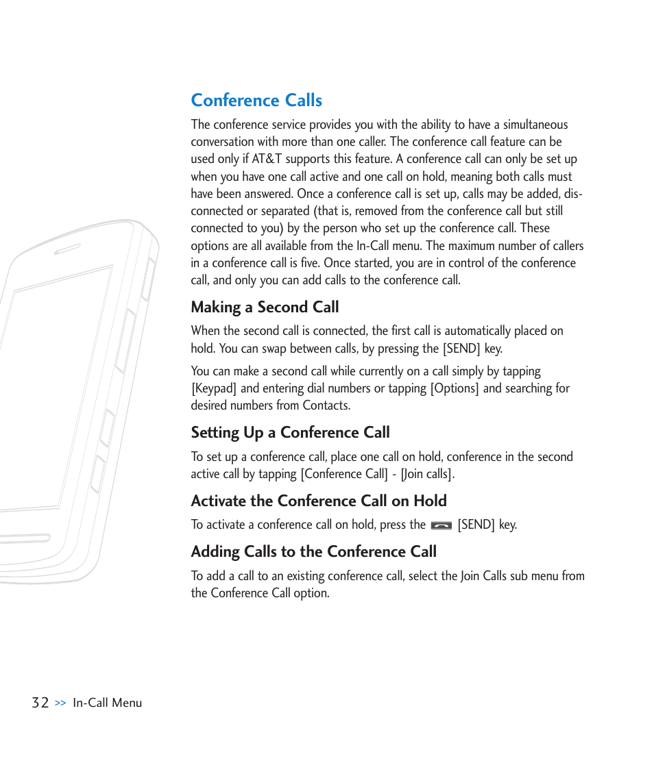 Conference calls | LG CU920 User Manual | Page 36 / 143