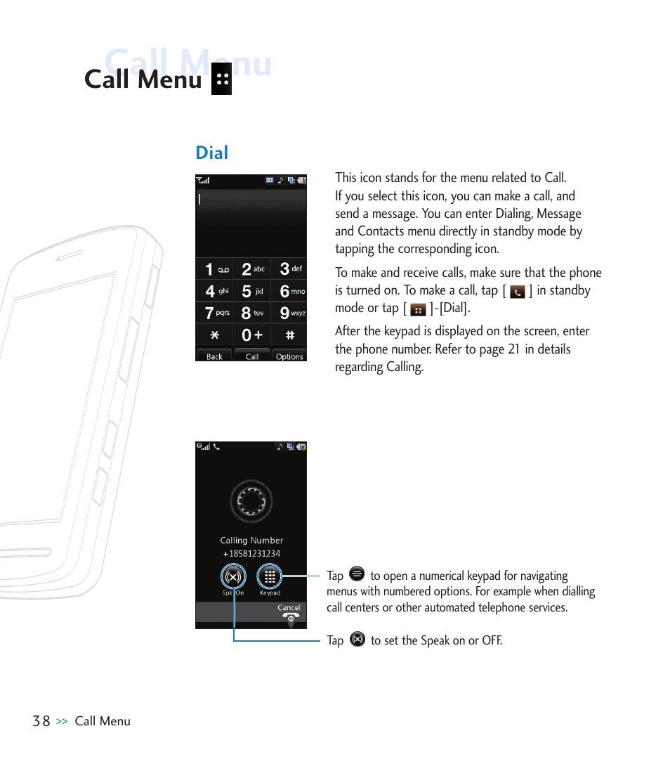 Dial, Call menu | LG CU920 User Manual | Page 42 / 143