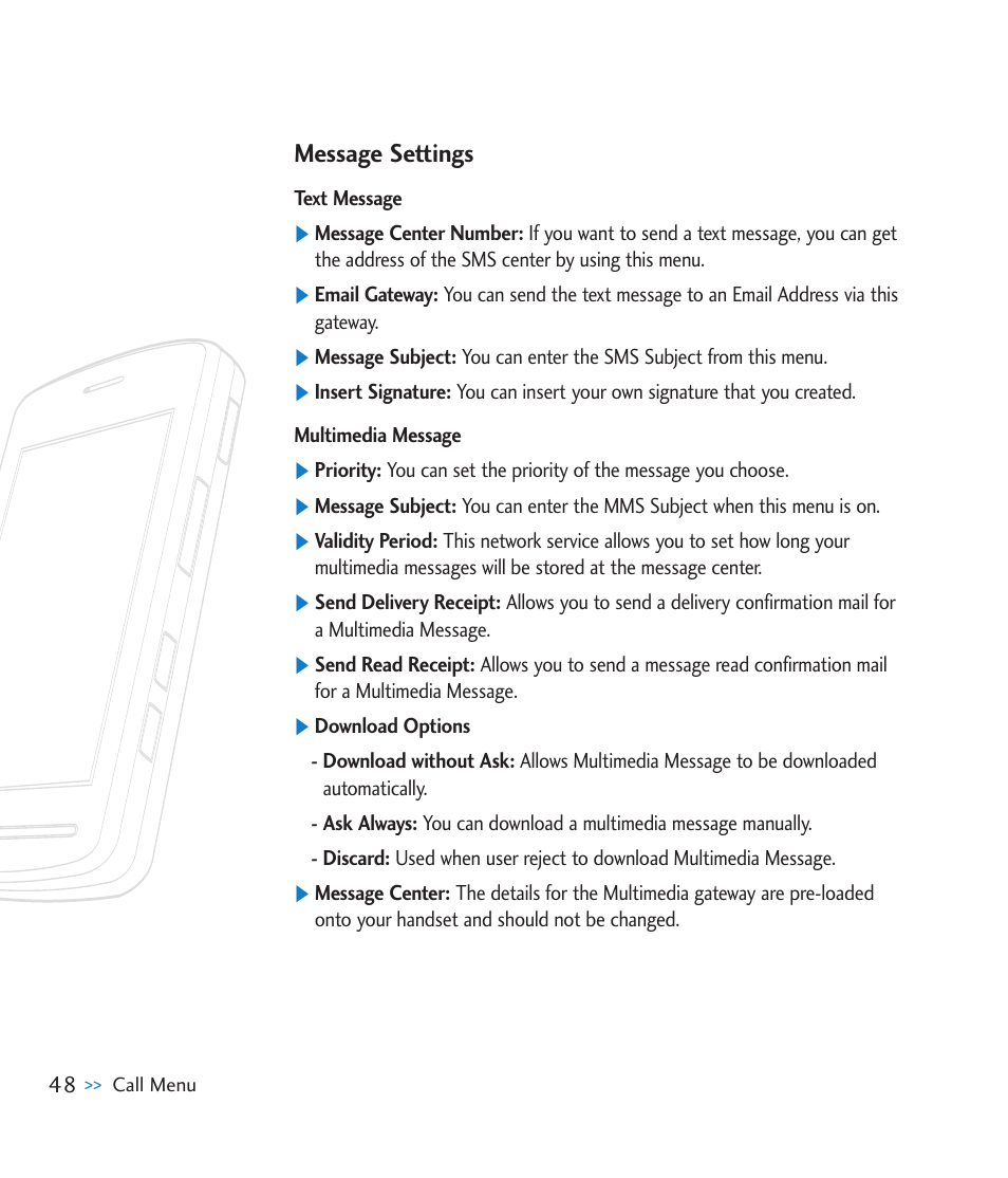 Message settings | LG CU920 User Manual | Page 52 / 143