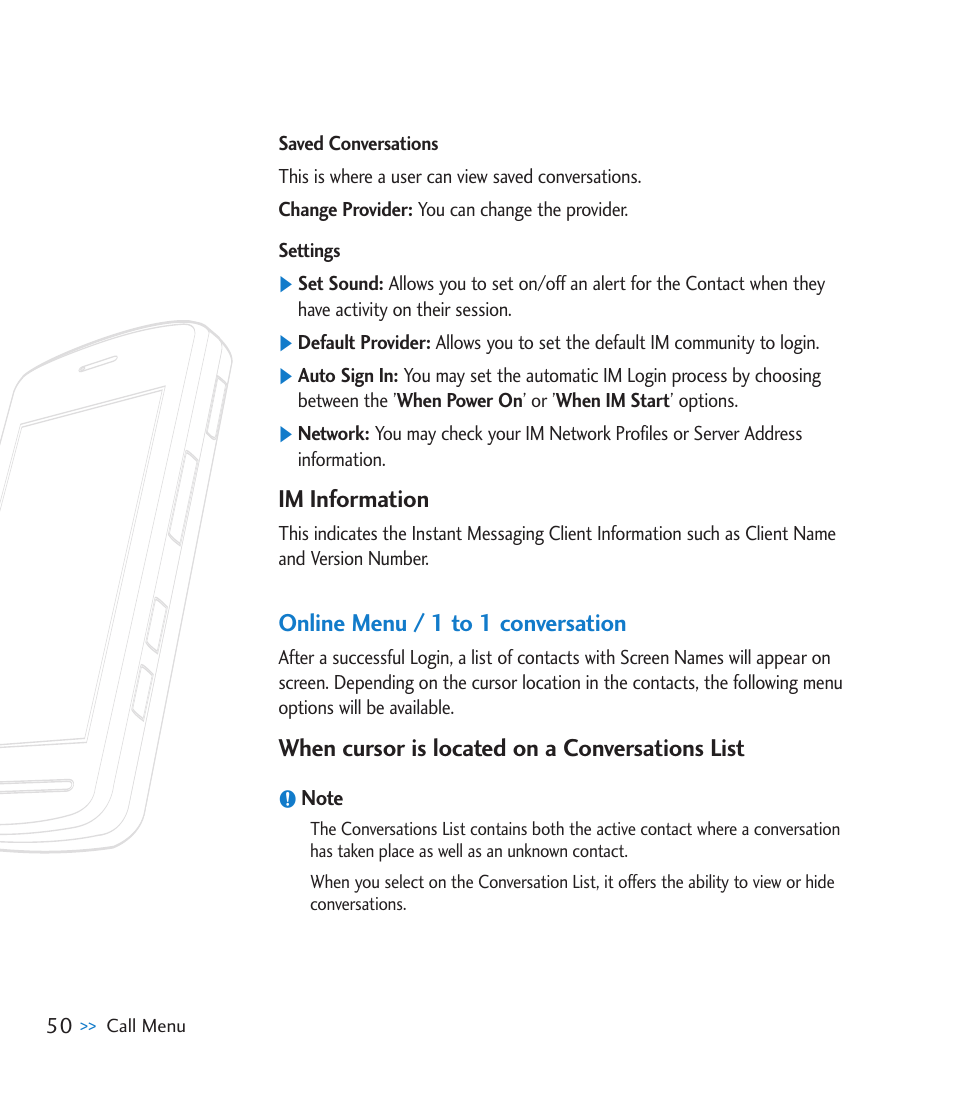 Im information, Online menu / 1 to 1 conversation, When cursor is located on a conversations list | LG CU920 User Manual | Page 54 / 143
