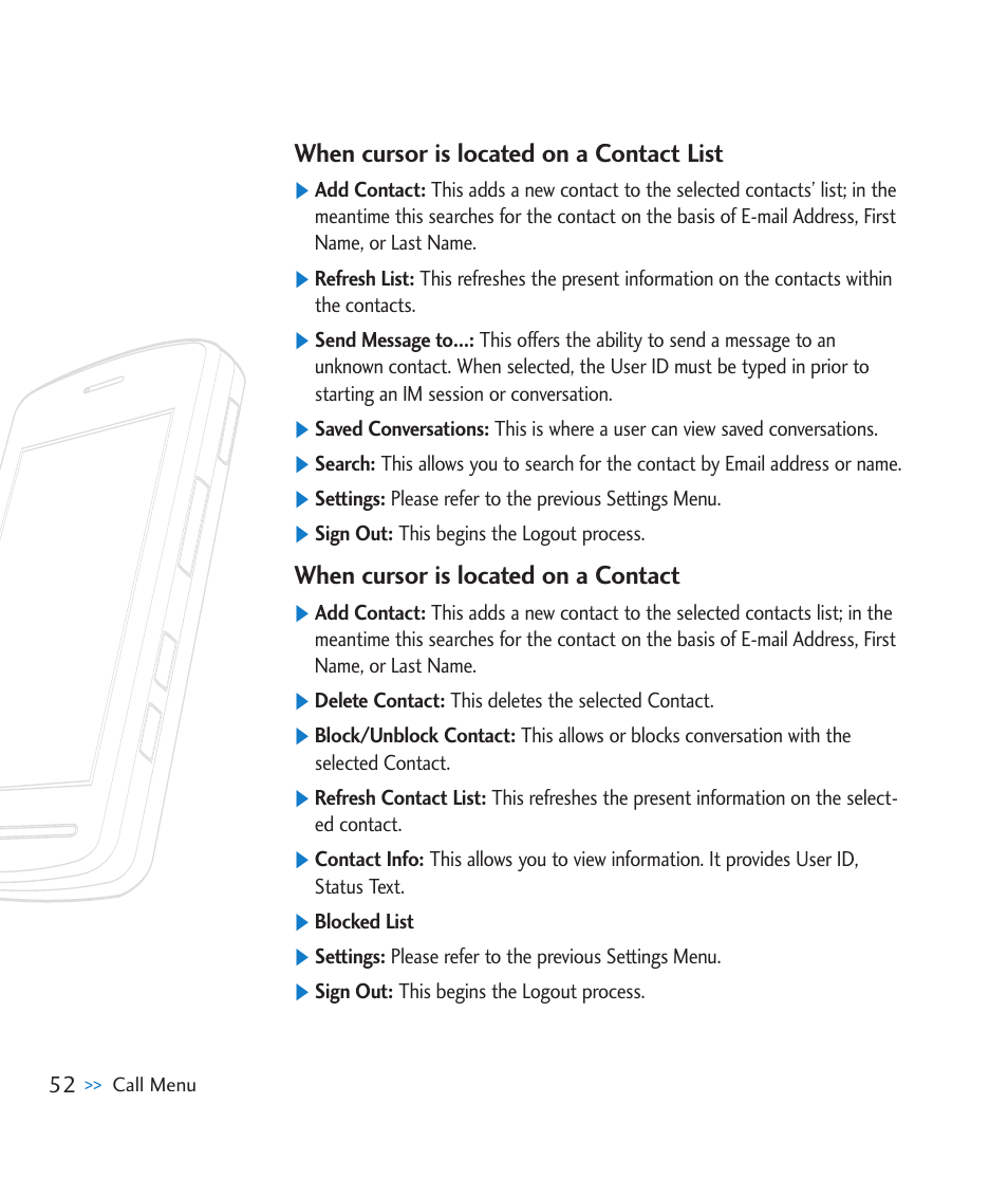 When cursor is located on a contact list, When cursor is located on a contact | LG CU920 User Manual | Page 56 / 143