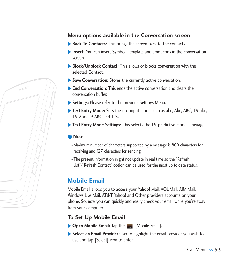 Mobile email, Menu options available in the conversation screen | LG CU920 User Manual | Page 57 / 143
