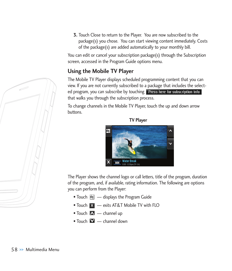 Using the mobile tv player | LG CU920 User Manual | Page 62 / 143