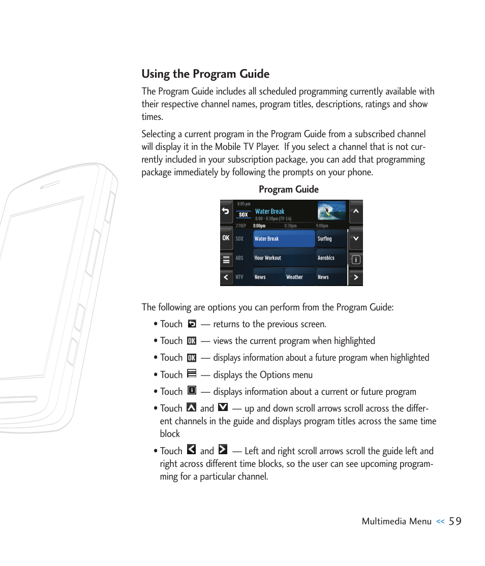 Using the program guide | LG CU920 User Manual | Page 63 / 143