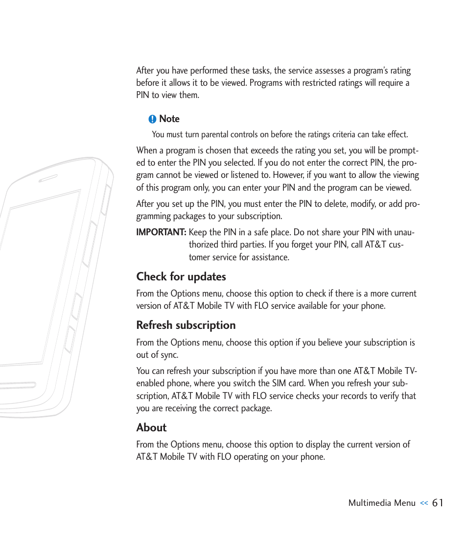 Check for updates, Refresh subscription, About | LG CU920 User Manual | Page 65 / 143