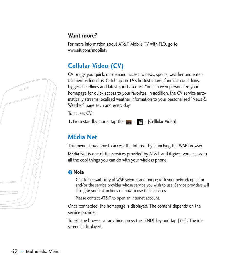 Cellular video (cv), Media net, Want more | LG CU920 User Manual | Page 66 / 143