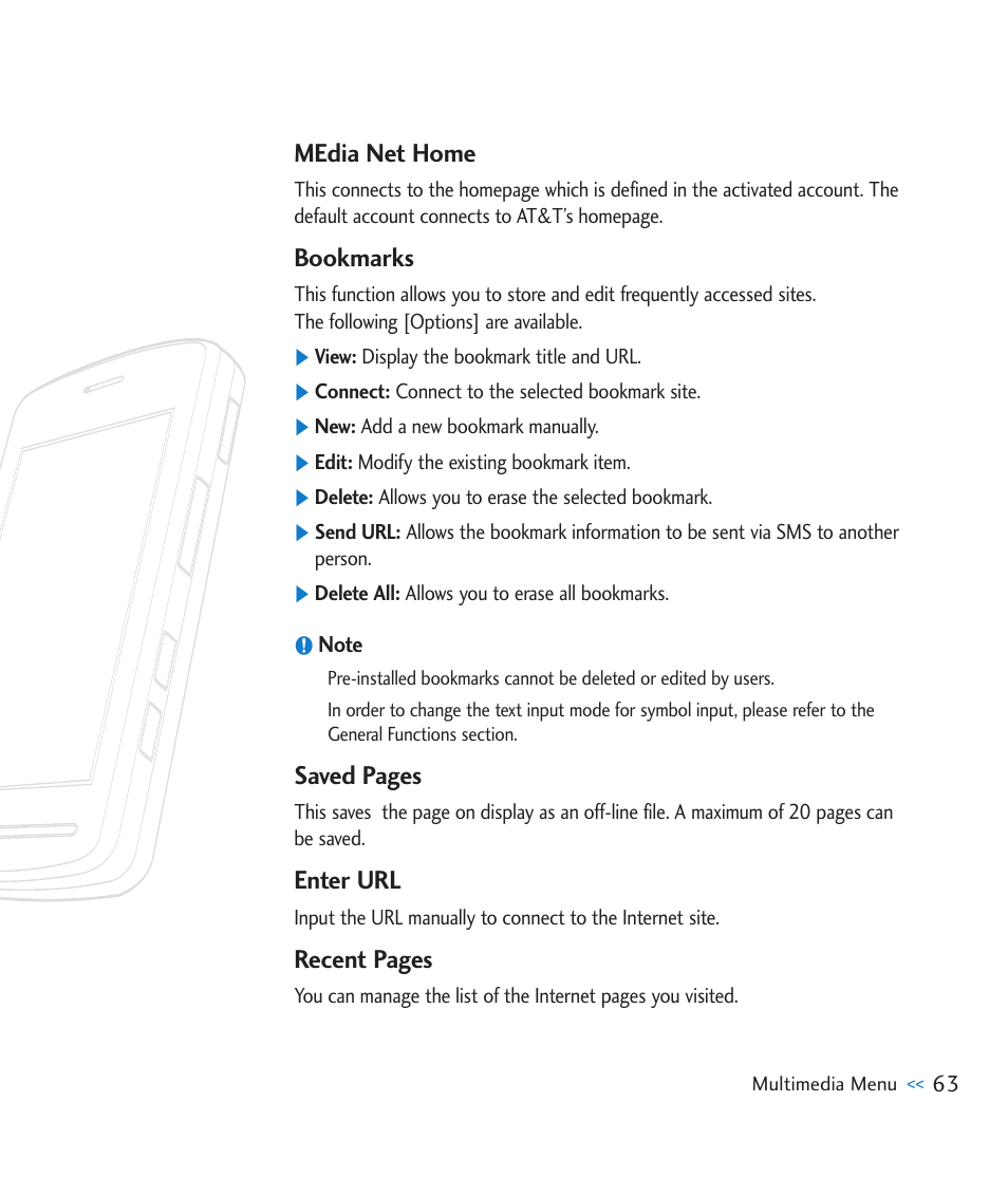 Media net home, Bookmarks, Enter url | Saved pages, Recent pages | LG CU920 User Manual | Page 67 / 143