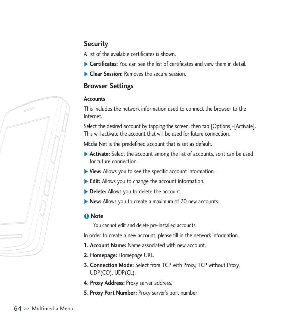 Security, Browser settings | LG CU920 User Manual | Page 68 / 143