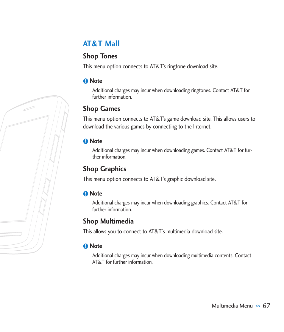 At&t mall, Shop tones, Shop games | Shop graphics, Shop multimedia | LG CU920 User Manual | Page 71 / 143