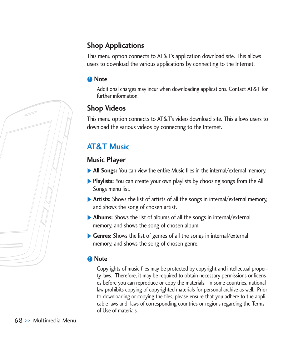 Shop applications, Shop videos, At&t music | Music player | LG CU920 User Manual | Page 72 / 143