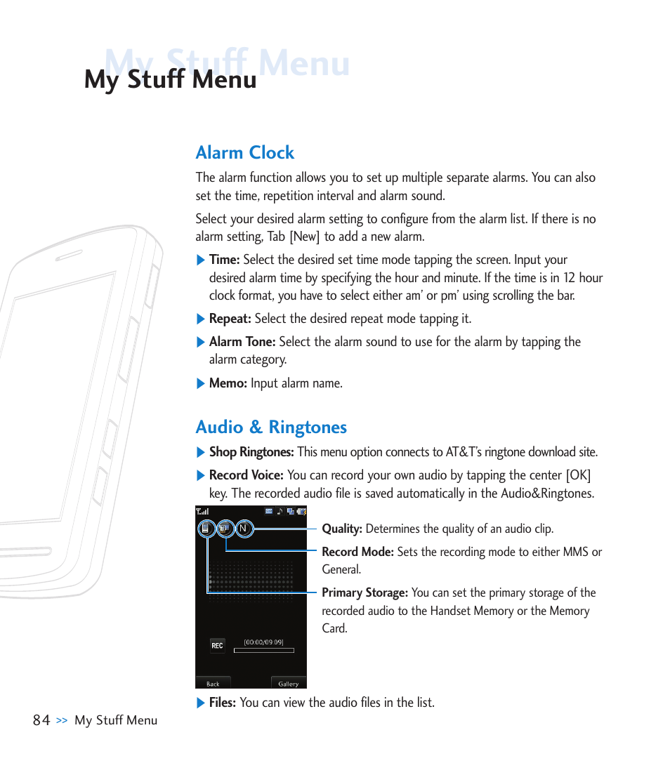 Alarm clock, Audio & ringtones, My stuff menu | LG CU920 User Manual | Page 88 / 143