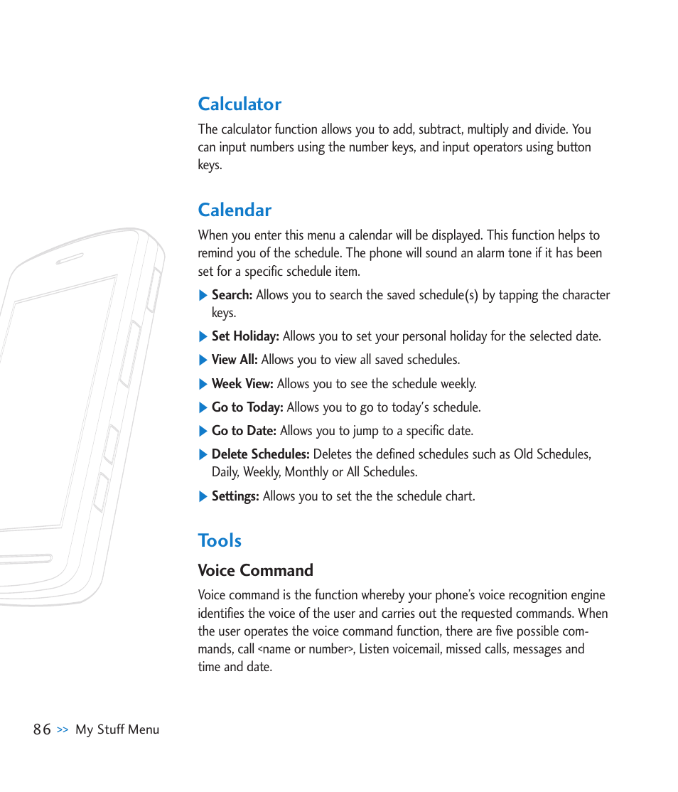 Calculator, Calendar, Tools | Voice command | LG CU920 User Manual | Page 90 / 143