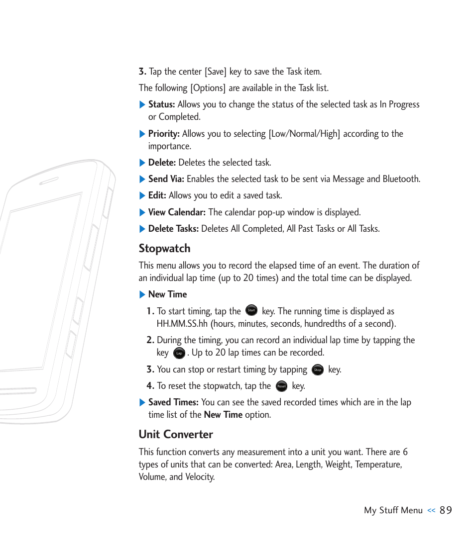 Stopwatch, Unit converter | LG CU920 User Manual | Page 93 / 143