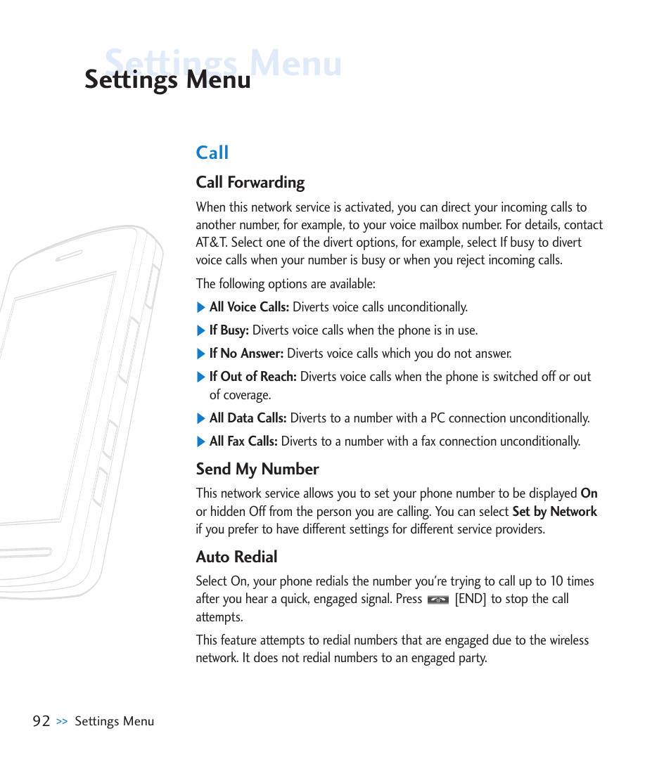 Call, Call forwarding, Send my number | Auto redial, Settings menu | LG CU920 User Manual | Page 96 / 143