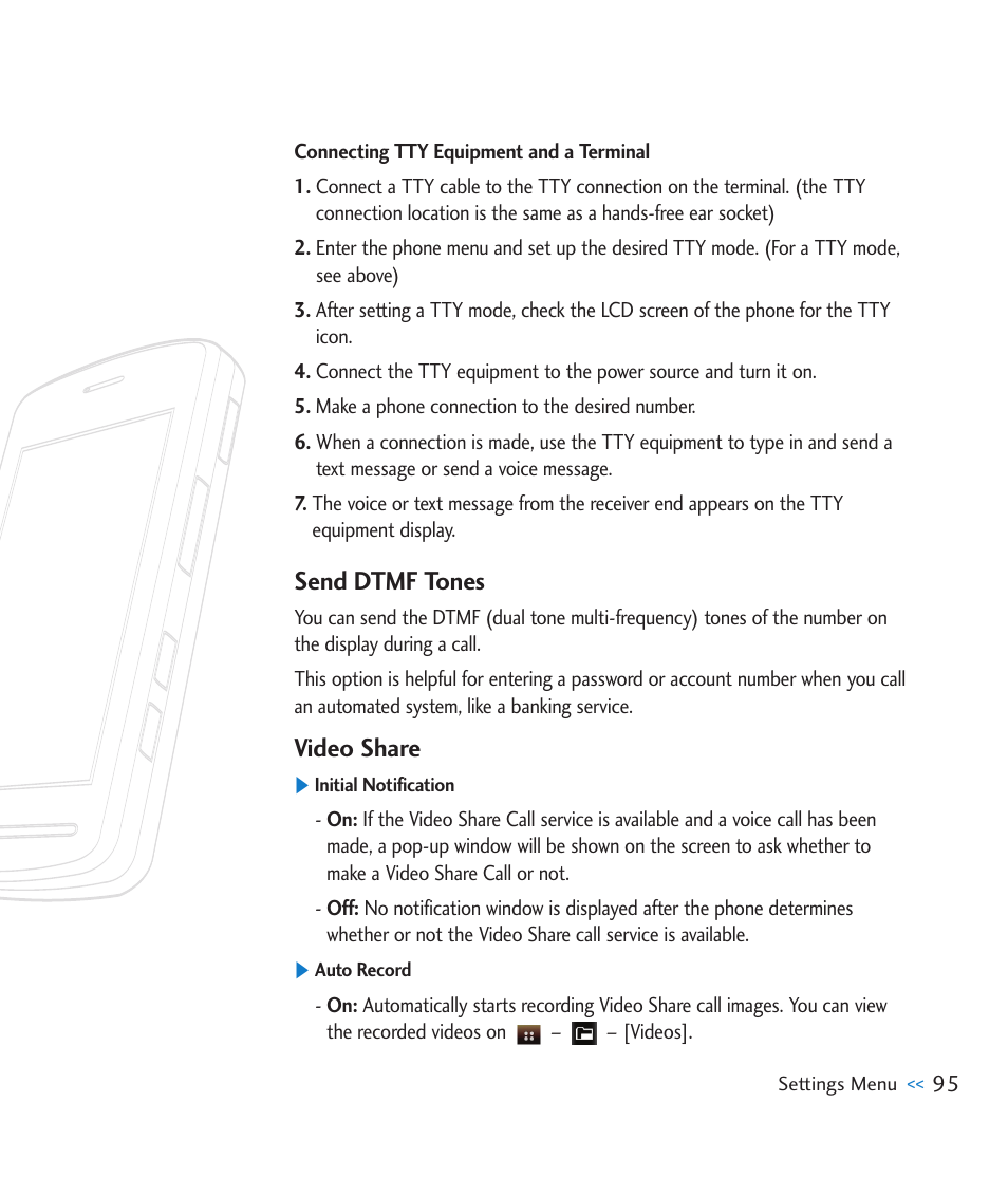 Send dtmf tones, Video share | LG CU920 User Manual | Page 99 / 143