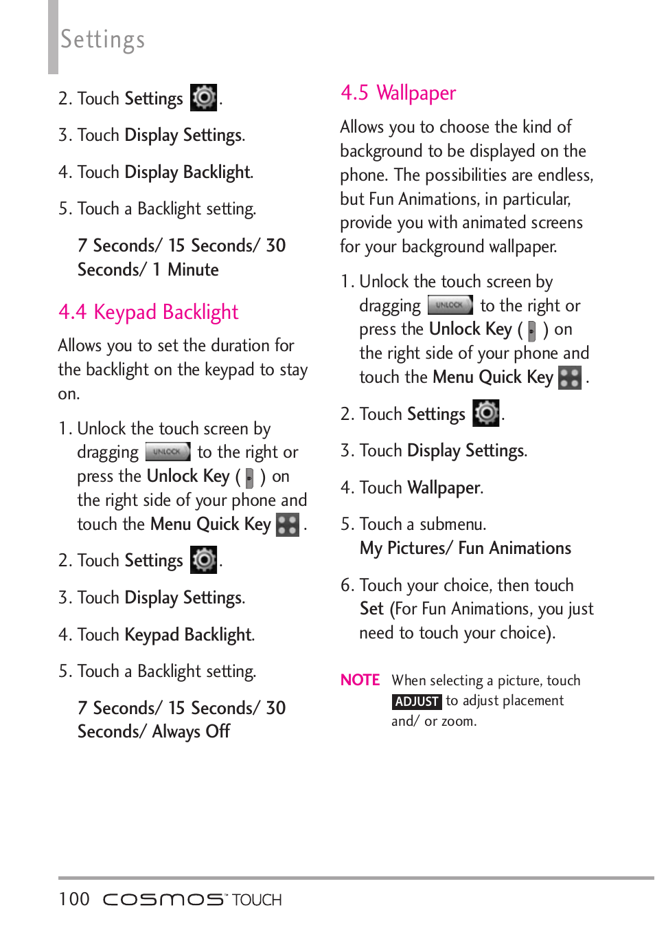 4 keypad backlight, 5 wallpaper, Settings | LG VN270 User Manual | Page 102 / 159