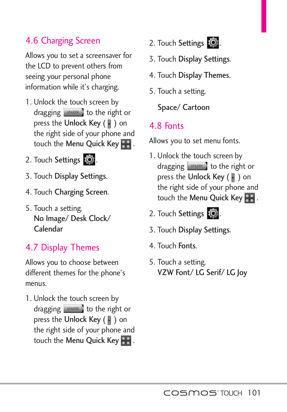 6 charging screen, 7 display themes, 8 fonts | LG VN270 User Manual | Page 103 / 159