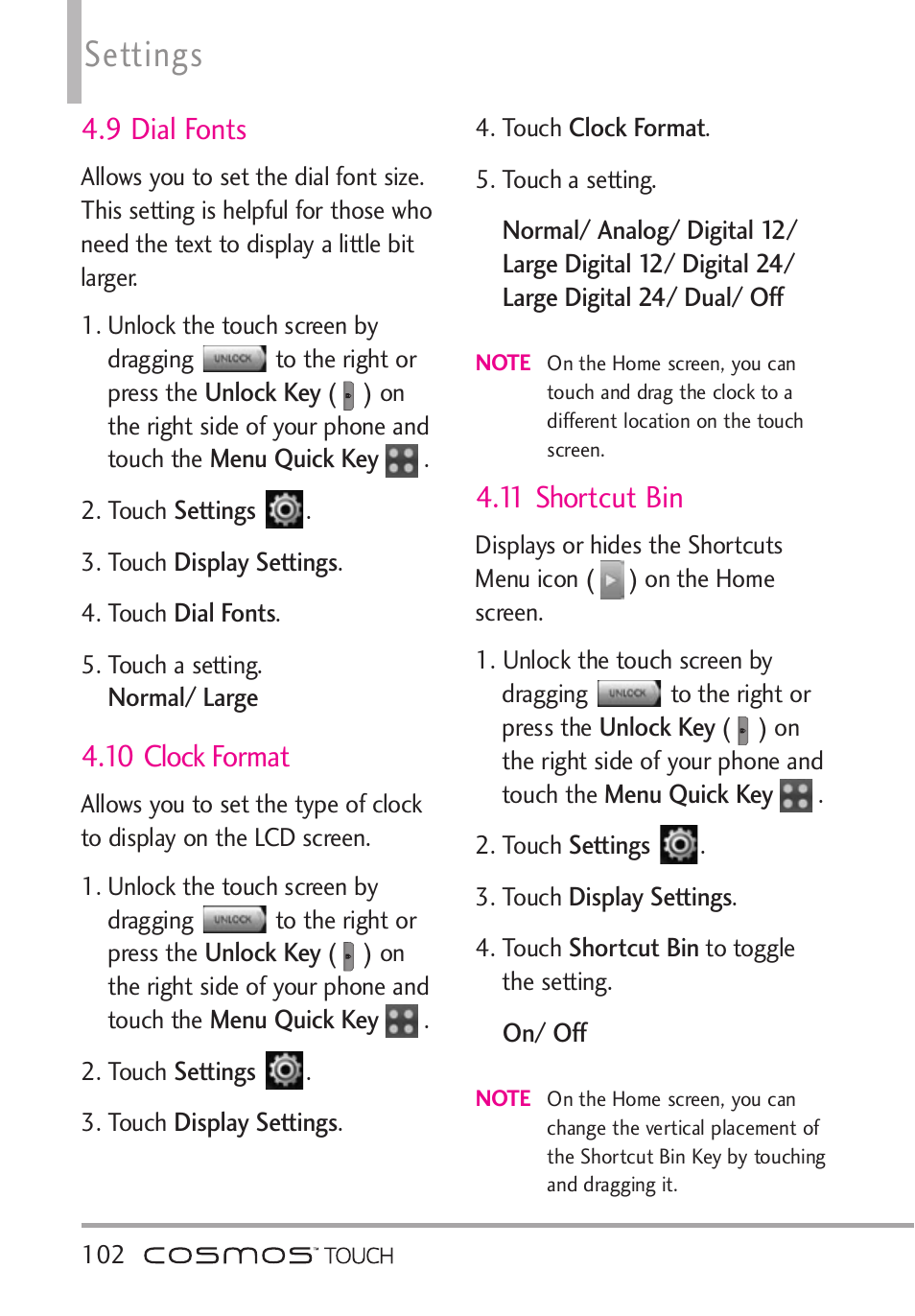 9 dial fonts, 10 clock format, 11 shortcut bin | Settings | LG VN270 User Manual | Page 104 / 159