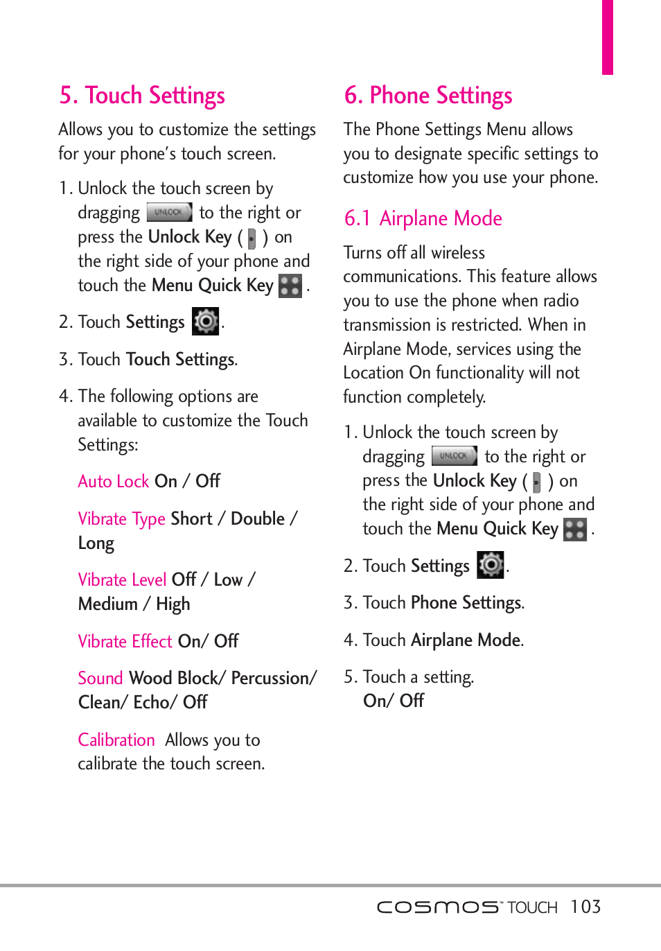 Touch settings, Phone settings, 1 airplane mode | Touch settings 6. phone settings | LG VN270 User Manual | Page 105 / 159