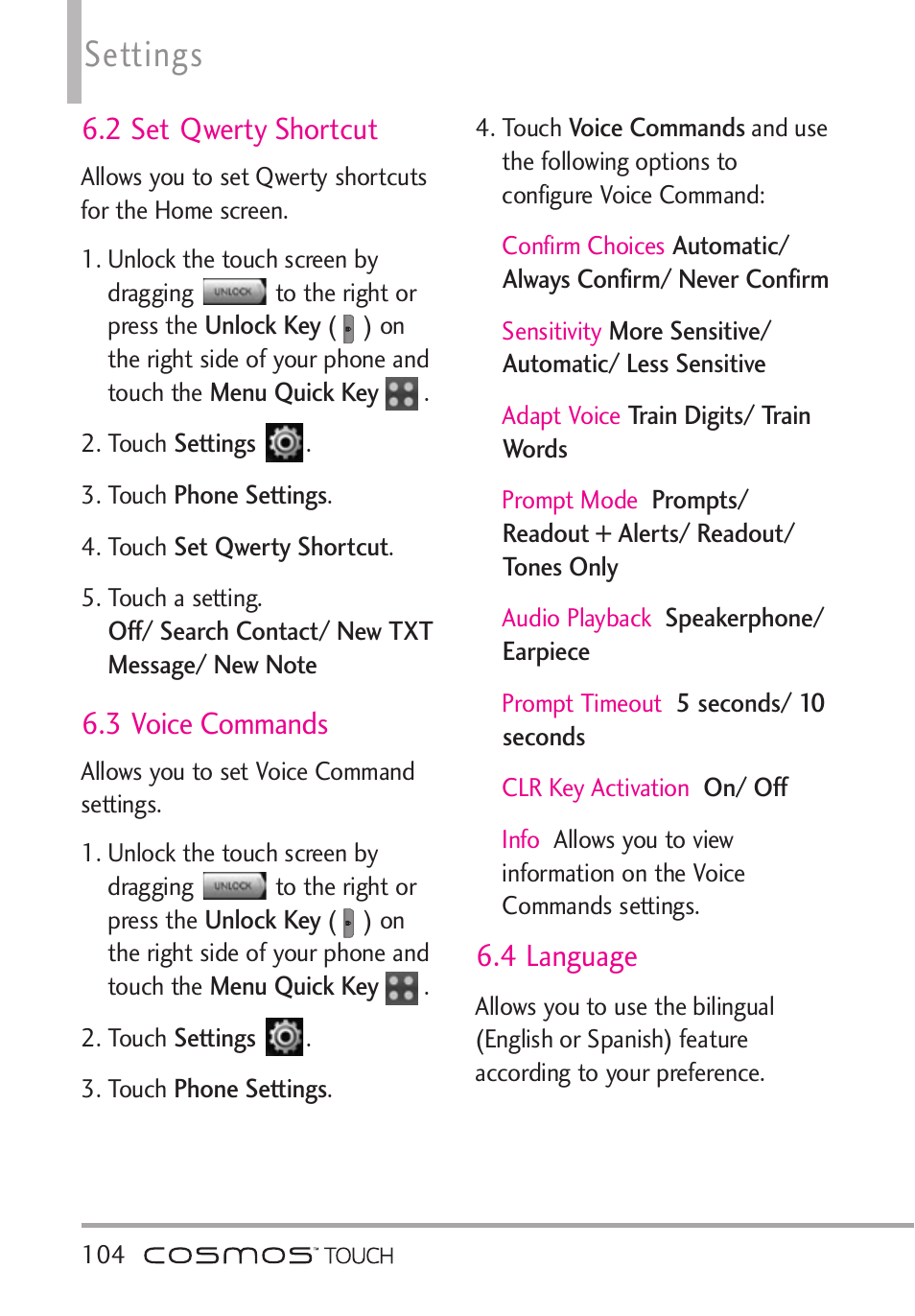 2 set qwerty shortcut, 3 voice commands, Settings | 4 language | LG VN270 User Manual | Page 106 / 159