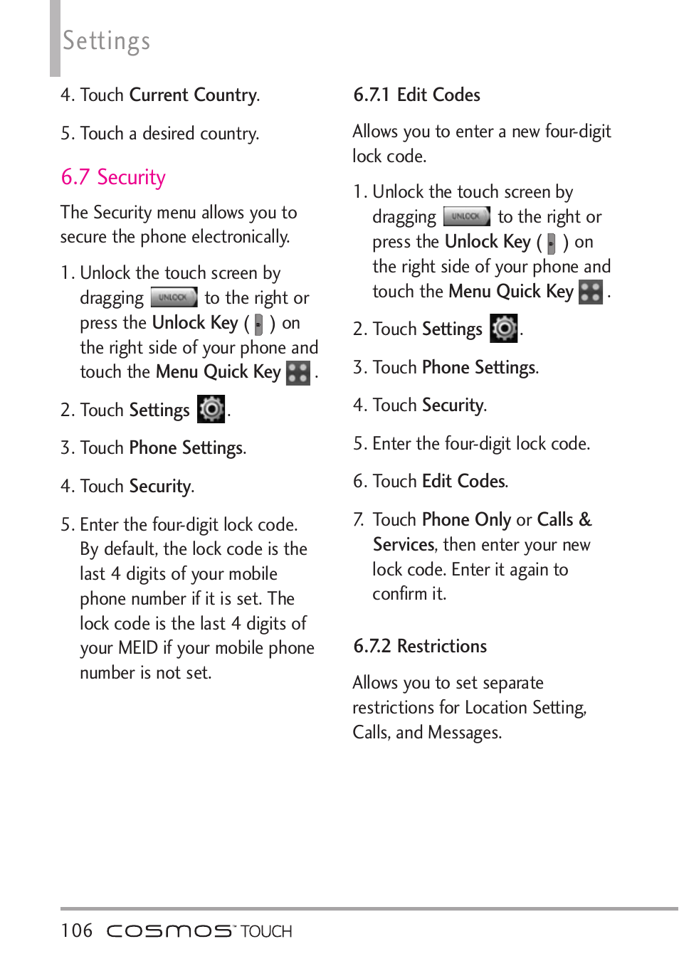 7 security, 1 edit codes, 2 restrictions | 1 edit codes 6.7.2 restrictions, Settings | LG VN270 User Manual | Page 108 / 159