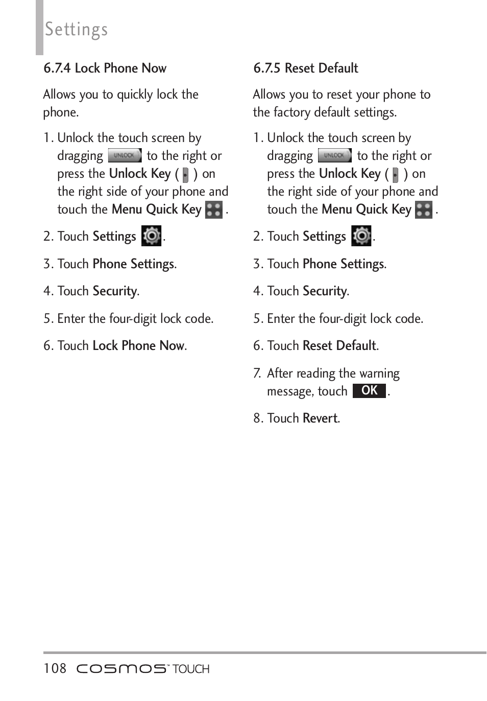 4 lock phone now, 5 reset default, 4 lock phone now 6.7.5 reset default | Settings | LG VN270 User Manual | Page 110 / 159