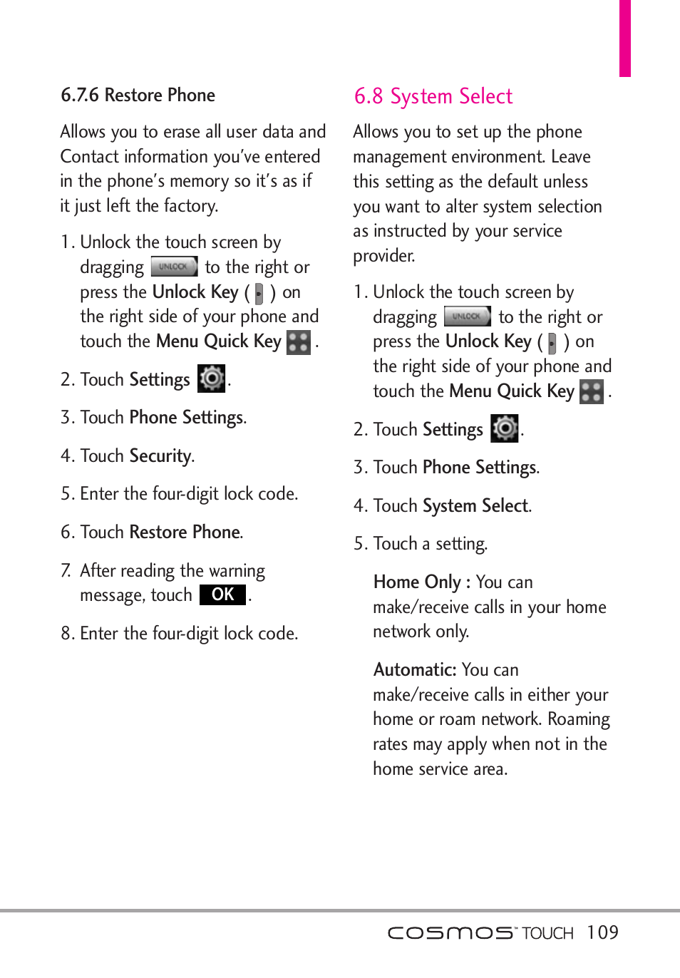 6 restore phone, 8 system select | LG VN270 User Manual | Page 111 / 159